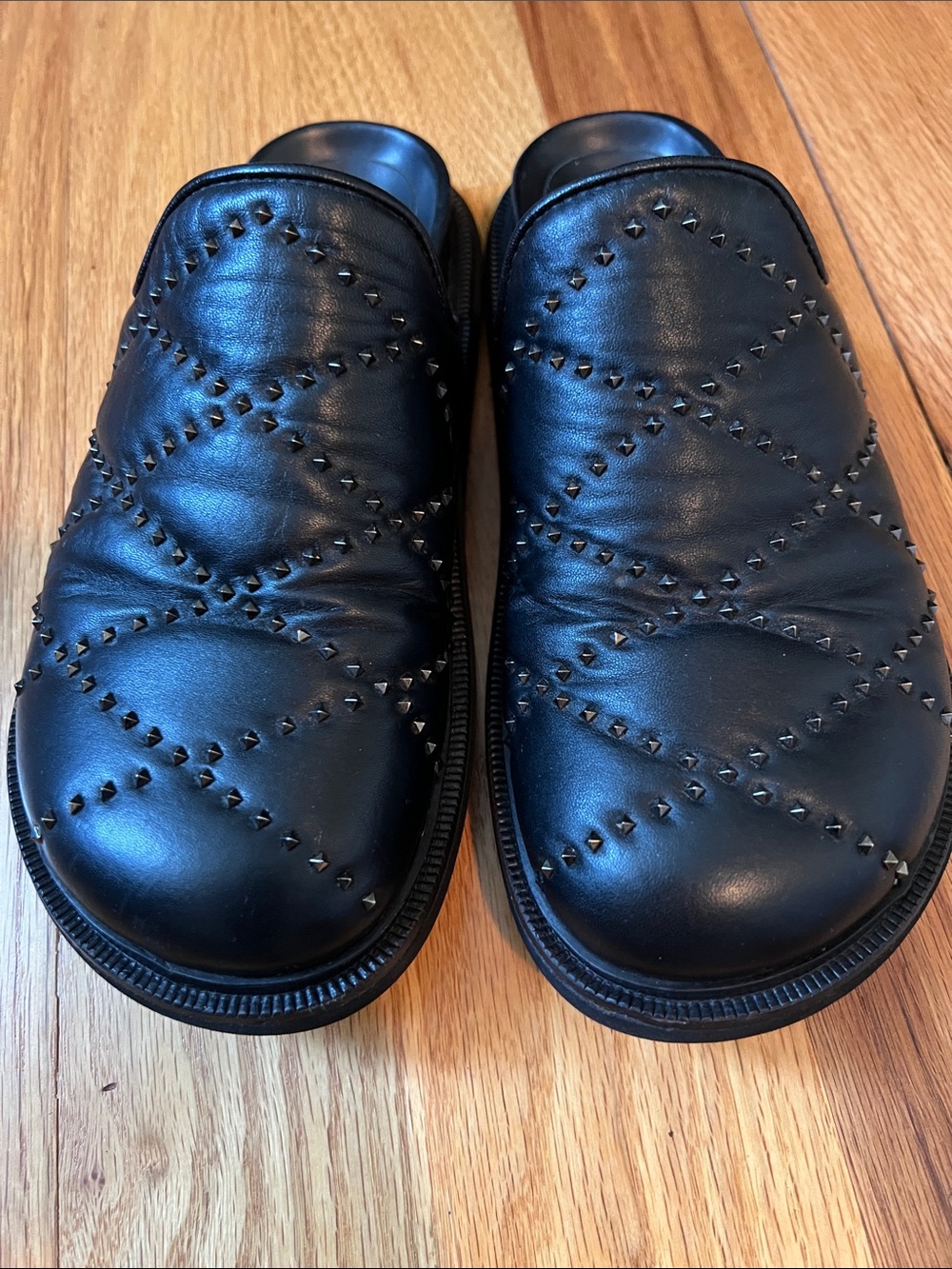 Ras Black Quilted Leather Studded Clog Mules